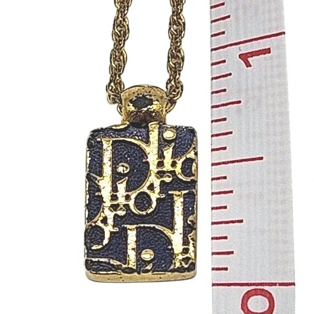 Christian Dior Vintage Monogram Oblique Pendant Necklace‎ Gold Tone Blue Logo